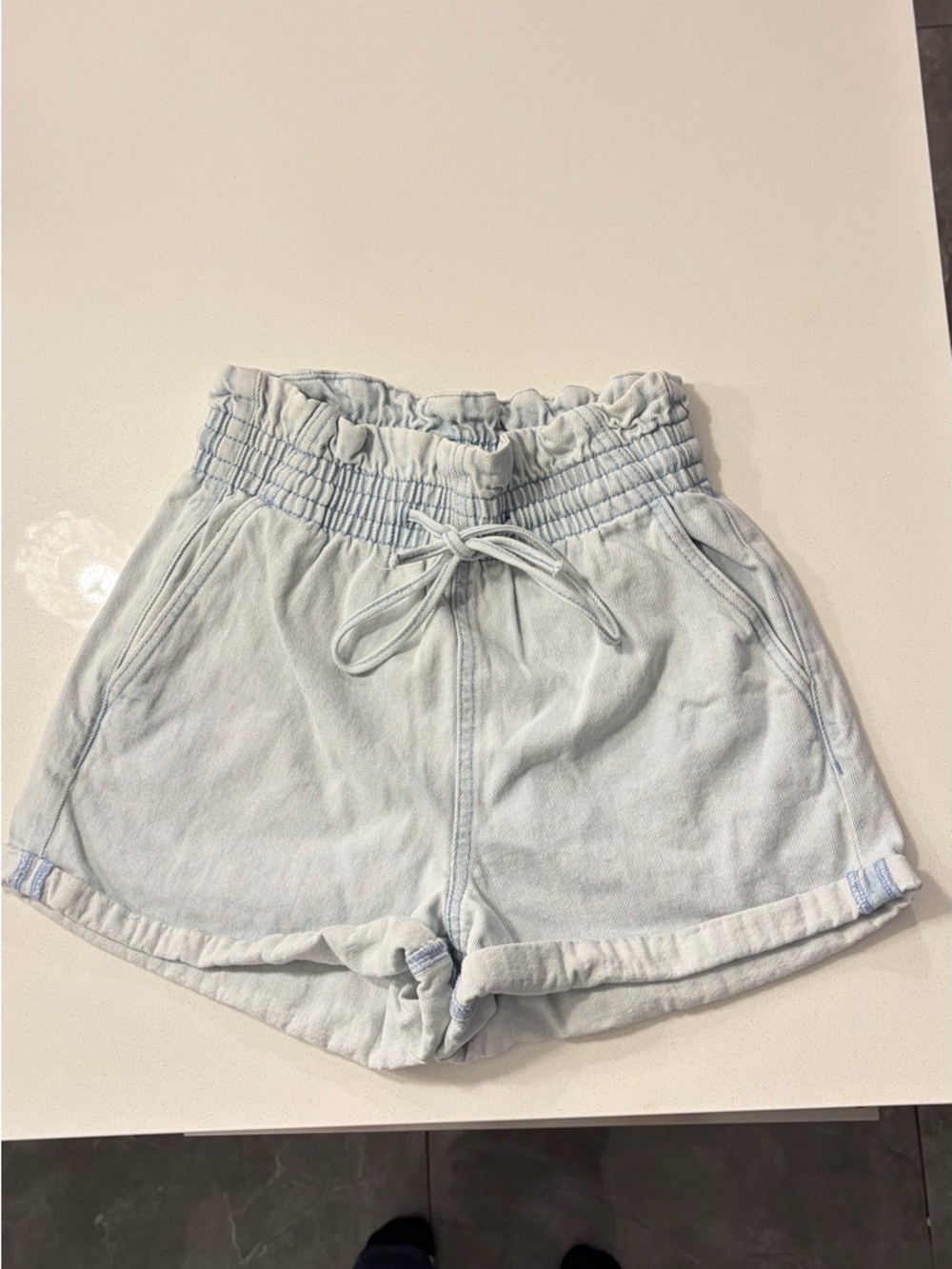 refuge Light Blue High Waist Paperbag Shorts with Drawstring